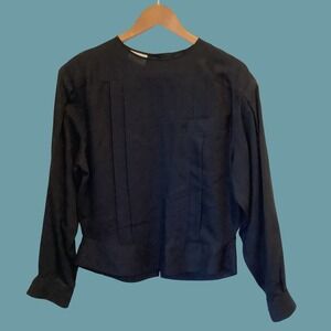 Vintage Black Top Theo Rayon Pleated Dress Blouse Sz 10